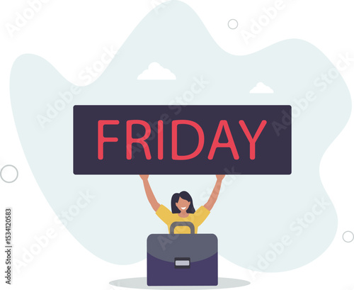 Happy Friday, relax or enjoy last working day and embrace weekend, tried routine day job employee, joyful lifestyle after stressful week long. character life .