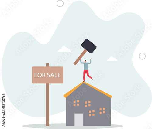Home for sale, selling house moving to new home concept. character life .