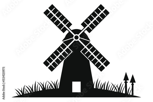 Black Windmill Silhouette with Grass and Two Small Columns Landscape Image