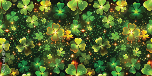 Vibrant green shamrocks shimmering against a dark background, evoking St. Patrick's Day vibes.