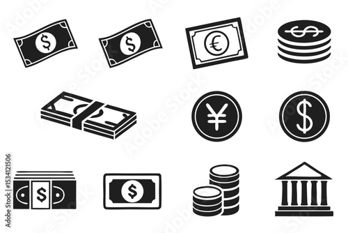Black and white money icons representing currency and financial concepts perfectly