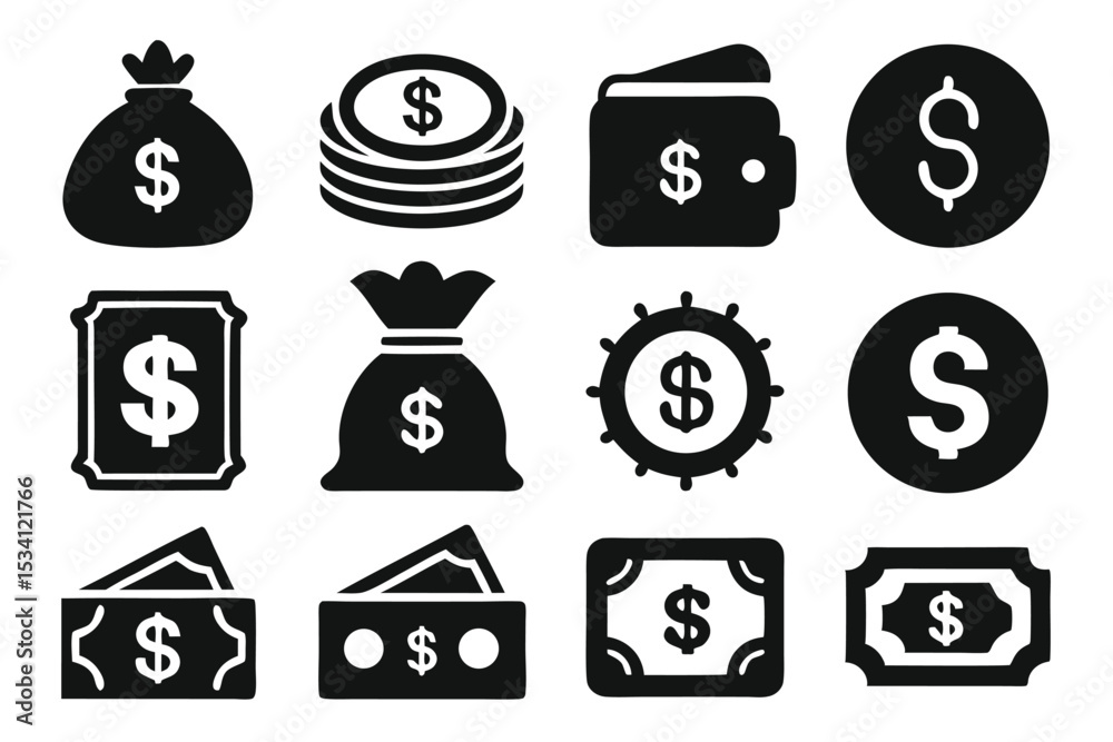 Collection of minimalist black and white financial icons representing money and wealth Collection of minimalist black and white financial icons representing money and wealth
