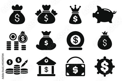 Collection of black and white financial icons representing money and banking concepts
