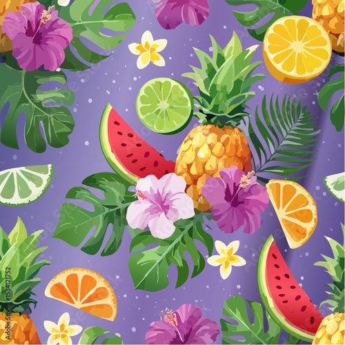 Colorful pineapple, watermelon, lime, hibiscus and tropical leaf seamless pattern for summer background