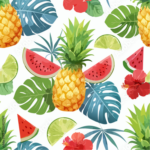 Colorful pineapple, watermelon, lime, hibiscus and tropical leaf seamless pattern for summer background