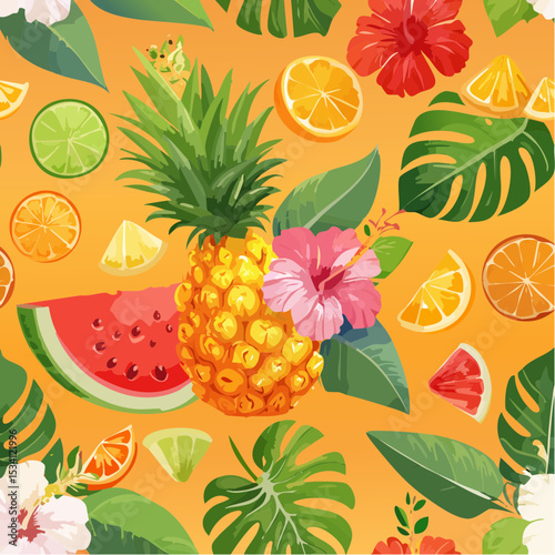 Colorful pineapple, watermelon, lime, hibiscus and tropical leaf seamless pattern for summer background