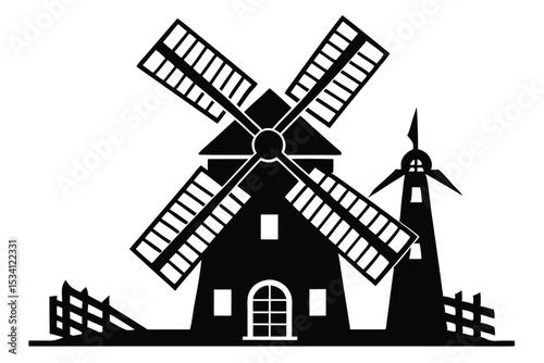 Silhouette Illustration of Two Windmills, Fence, Door, and Windows, Simple Design