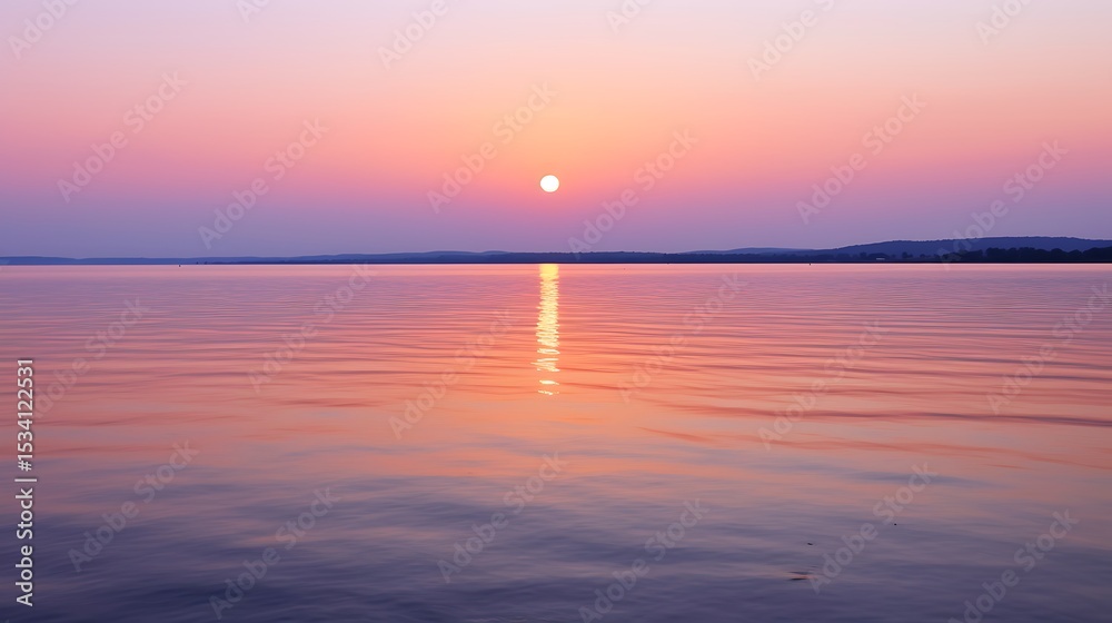 Obraz premium A glowing orange moon rising just above the seaa??s horizon, casting a wide, shimmering golden reflection across calm water, the sky softly transitioning from peach to violet.