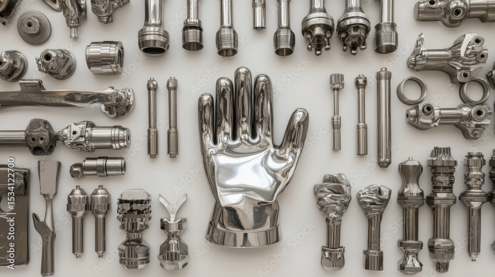 Obraz premium Stainless steel welding tools and gloves placed symmetrically on white background