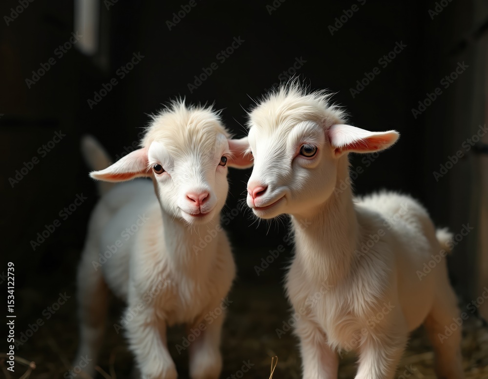 Fototapeta premium Two adorable baby goats from Kozlovka village. White fur, curious eyes. Funny animals, domestic mammals. Young goats on farm. Cute kids, summer time, country life. Perfect for eco and rural themes.