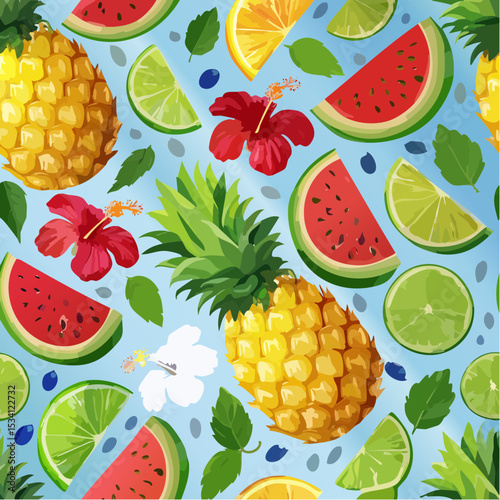 Colorful pineapple, watermelon, lime, hibiscus and tropical leaf seamless pattern for summer background