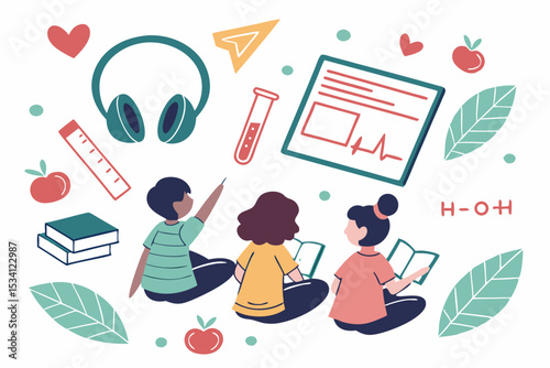 Modern education and science icons with students learning together in class