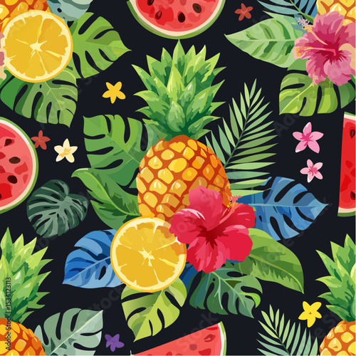 Colorful pineapple, watermelon, lime, hibiscus and tropical leaf seamless pattern for summer background