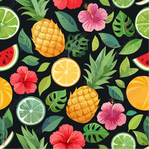 Colorful pineapple, watermelon, lime, hibiscus and tropical leaf seamless pattern for summer background