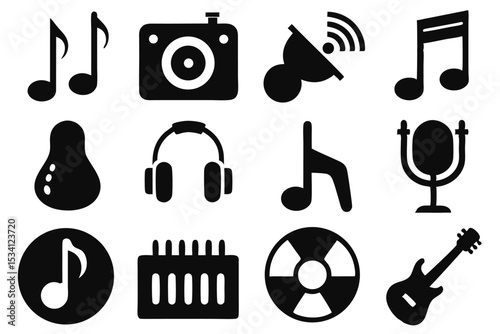 Black and white music icons collection including notes, headphones, microphone, and guitar
