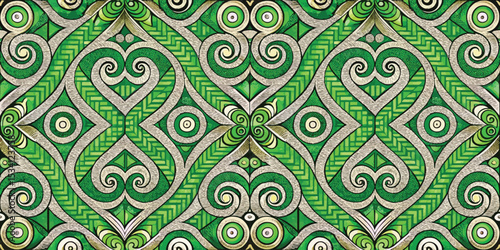 Intricate green pattern featuring elegant swirls and geometric designs.