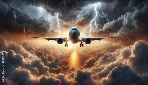 Passenger airplane flying through dramatic storm clouds and lightning