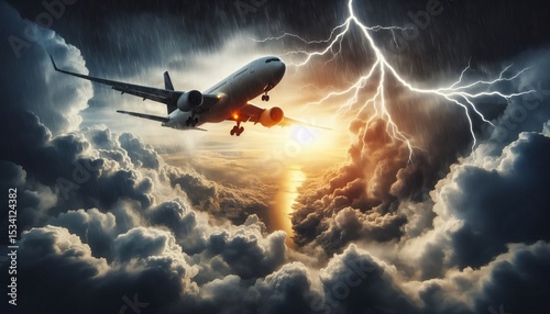 Passenger airplane flying through dramatic storm clouds and lightning