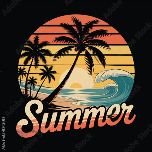 Tropical island beach sunset with palm trees, vector illustration for summer travel and vacation
