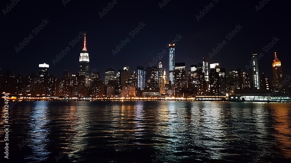 Fototapeta premium Night cityscape reflected in calm water, showcasing illuminated skyscrapers and a vibrant skyline