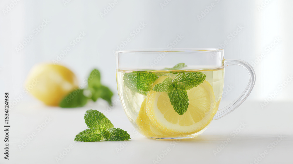 Fototapeta premium refreshing herbal tea with mint leaves and lemon slices served in clear glass cup