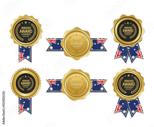 Golden award medal with australia flag ribbons for winners