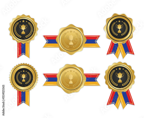 Golden award medal with armenia flag ribbons for winners