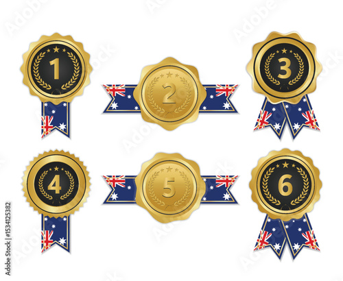 Golden award medal with australia flag ribbons for winners