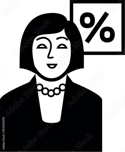 Illustration of businesswoman offering discount deal or financial advice on sales and marketing promotions and percentages vector