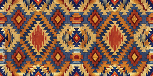 Vibrant geometric pattern in warm tones showcasing traditional textile design.