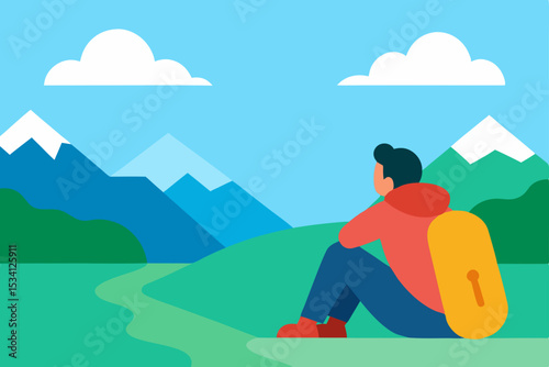 Man with backpack hiking through a vibrant green summer landscape under a blue sky with clouds and distant mountains