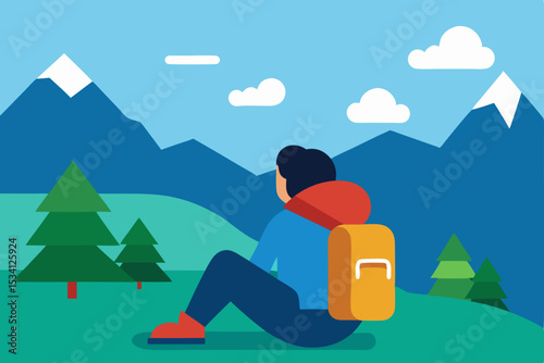 Man with backpack and dog camping in a winter mountain landscape vector illustration