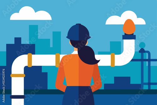 Cartoon illustration of a construction worker with a shovel and helmet in a city setting