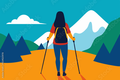 Hiking couple silhouette in mountain landscape at sunset with camera