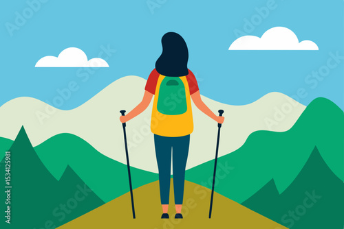 Vector illustration of a woman hiking in a mountain landscape silhouette with a backpack