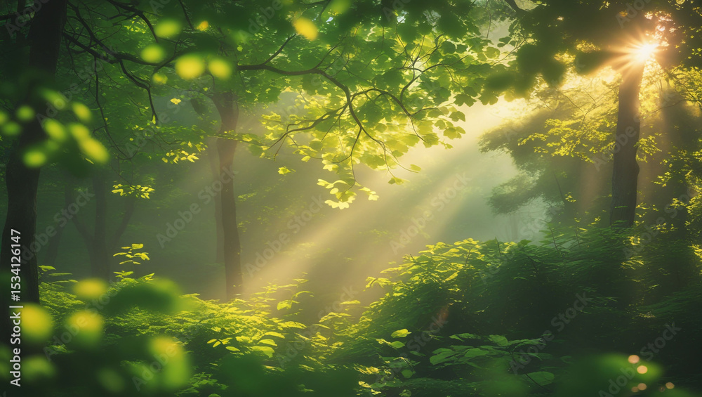 Sunlight streams through the green canopy of a lush forest illuminating the undergrowth beautifully Sunlight streams through the green canopy of a lush forest illuminating the undergrowth beautifully