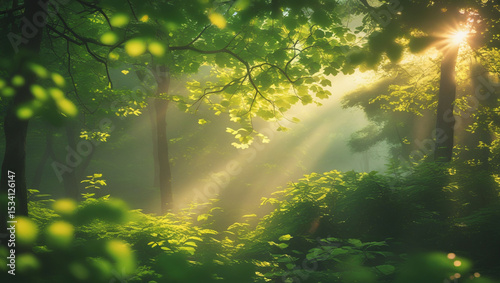 Sunlight streams through the green canopy of a lush forest illuminating the undergrowth beautifully