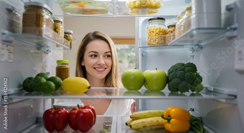 Point of view from inside a refrigerator showing a smiling woman opening the door and looking inside, shelves filled with fresh fruits, vegetables, and healthy meals, daylight from the kitchen