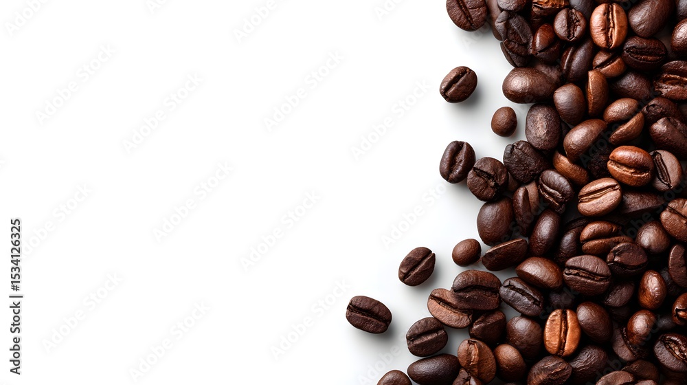 Naklejka premium Espresso beans in a dark roast cascade, forming a textured wave along a clean white background, creating a visually appealing coffee bean surf effect.