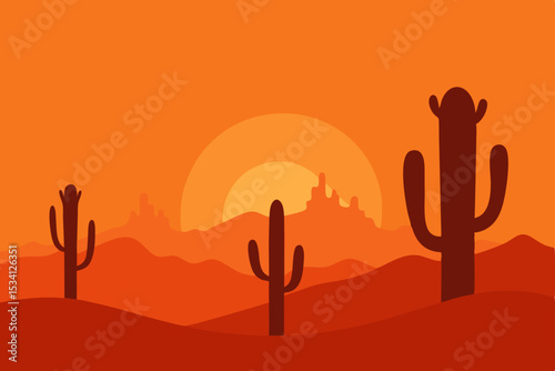 Saguaro cacti silhouettes stand tall against a vibrant desert sunset in Arizona's rugged mountain landscape