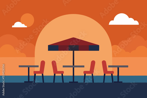 caf with outdoor tables and sunset sky