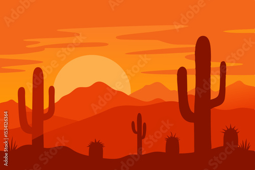 Desert landscape at sunset featuring silhouetted cacti and a distant city skyline under an orange sky