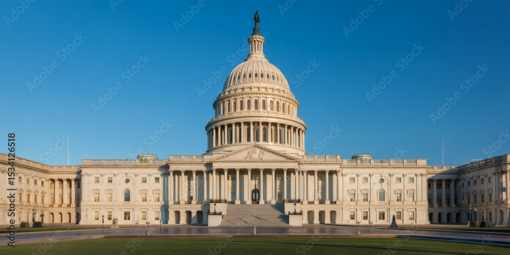 Fototapeta premium A grand architectural photograph of the United States Capitol Building under a clear blue sky, symbolizing American democracy, governance, and history.