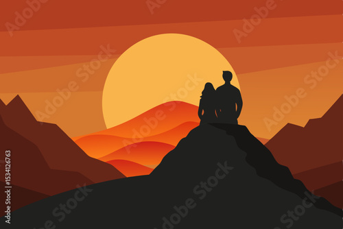 Man's silhouette against a vibrant mountain sunset landscape