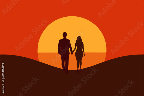 Golden sunset silhouettes of people walking on the beach and a man in the desert