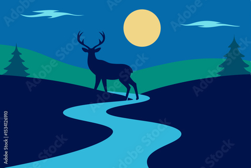 Silhouette of a woman on a chair, a deer nearby, and a winter night sky with a lone tree