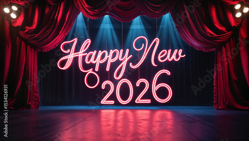 Scritta di capodanno Happy New Year 2026 fatta da tubi di luce al neon sul palcoscenico di un teatro con tende rosse e luci