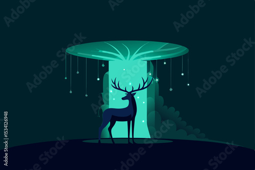 Silhouette of a woman on a chair, a deer nearby, and a winter night sky with a lone tree