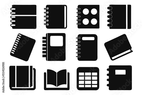 Black and white notebook icons representing stationary, school supplies and business concepts