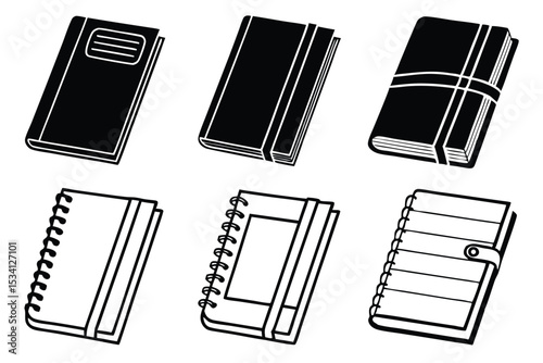 Collection of black and white vector illustrations of various notebook and diary styles